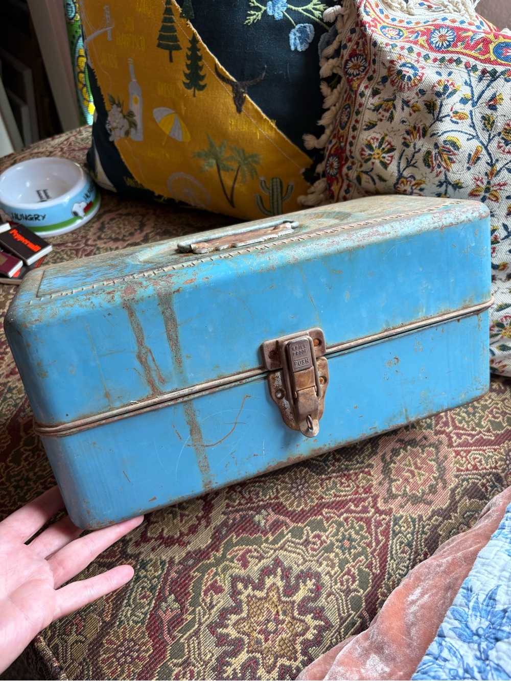 Hawthorne Vintage Blue Metal Toolbox with Rustic Patina
